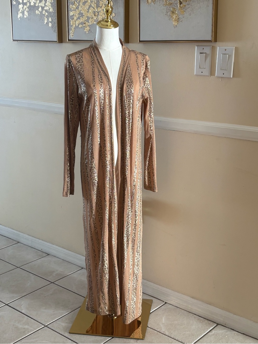 Long Open-Front Metallic Stripe Robe in Nude